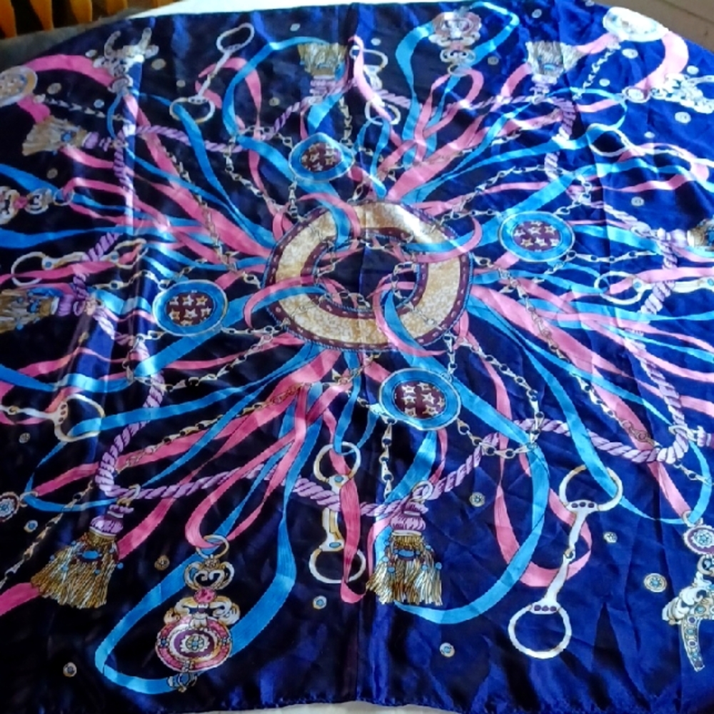 Elegant Blue and Pink Scarf, HERMES. 34,5" X 34,5". Made in China